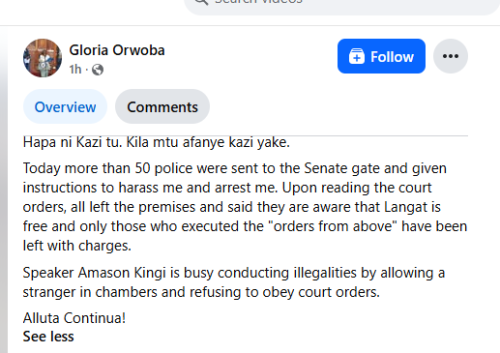 A post by Gloria Orwoba after being blocking from accsessing the senate. PHOTO//Screengab by People Daily Digital/https://www.facebook.com/watch/?v=746269528193014&rdid=9XazsbwojwlLG3fQ
