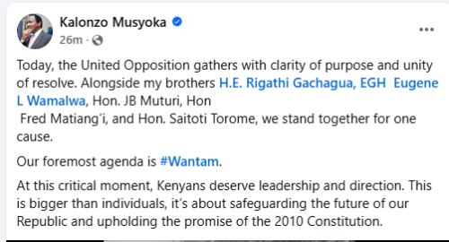 A post by Kalonzo Musyoka. PHOTO//Screengrab by People Daily/https://www.facebook.com/share/v/1732f4o1bW/