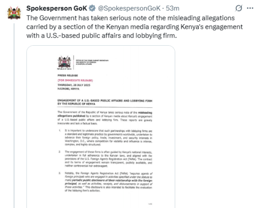 X post by Government Spokesperson. PHOTO/Screengrab by People Daily Digital