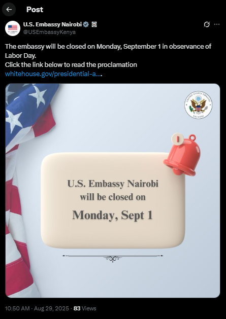 A screenshot of US Embassy's statement. PHOTO/Screengrab by People Daily from a statement shared on X by @USEmbassyKenya