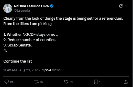 A screenshot of Lesuuda's statement. PHOTO/Screengrab by People Daily from a statement shared on X by @Lesuuda