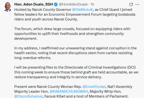 X post by Aden Duale. PHOTO/Screengrab by People Daily Digital