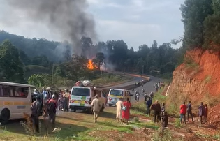 Smoke and flames rise from the burning petroleum tanker along the Karatina–Nyeri Highway. …PHOTO/Screengrab by People Daily Digital