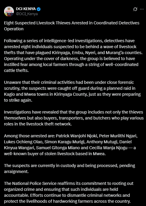 A screenshot of the DCI statement. PHOTO/Screengrab by People Daily from a statement shared on X by @DCI_Kenya
