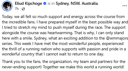 Facebook post by Eliud Kipchoge. PHOTO/Screengrab by People Daily Digital