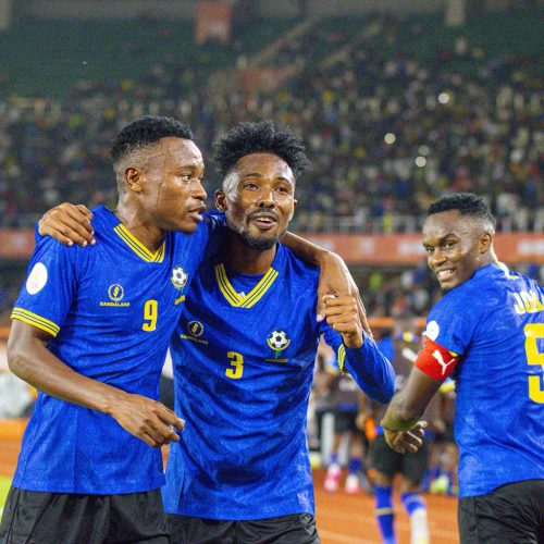 Taifa Stars embrace after their win against Burkina Faso in CHAN opener on Saturday, August 2, 2025. PHOTO/@Tanfootball/X