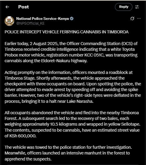 Part of NPS statement confirming the operation on Saturday August 2, 2025. PHOTO/ Screengrab by PD Digital/@NPSOfficial_KE/X