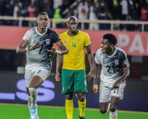 Uganda Cranes players wheel away after scoring a goal against South Africa on Monday, August 18, 2025 at the Mandela Stadium in Kampala.