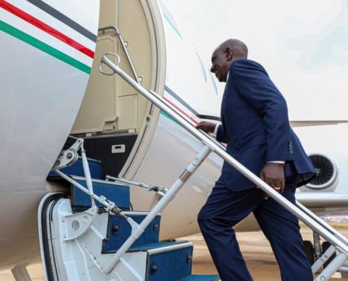 President William Ruto boarding a plane. PHOTO/@KindikiKithure/X