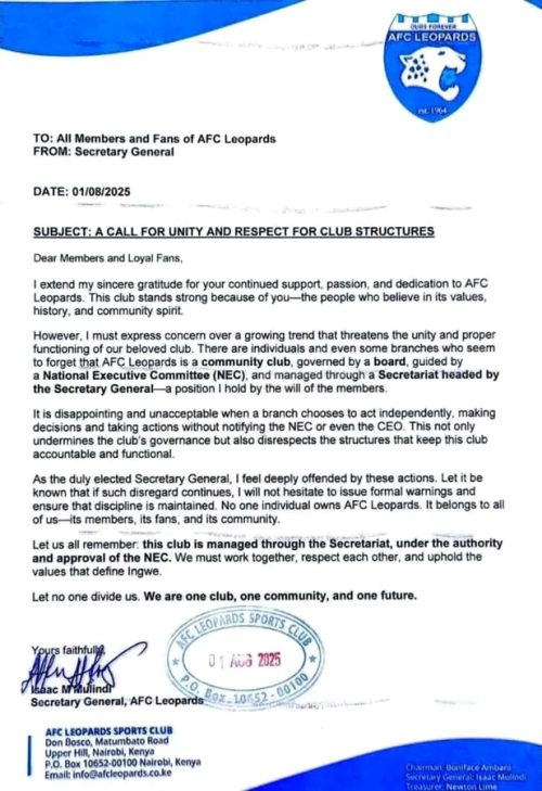 AFC Leopards SG Isaac Mulindi cautions against disunity at the club. PHOTO/AFC Leopards/https://www.facebook.com/afcleopardssc