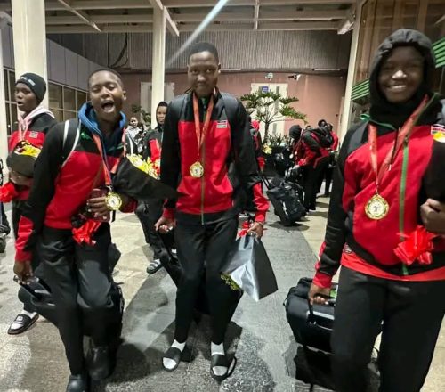 Junior Malkia Strikers landed at the Jomo Kenyatta International Airport on Wednesday, August 13, 2025 after winning the African Championships in Cameroon on Monday. PHOTO/https://www.facebook.com/100064458173245/posts/pfbid02QqfZRarg3SRmmZoa7cN1nnSMZnQ2T5VhW4vvT8VAyLzhuJryKktDaLjuPDdUzNJJl/?app=fbl