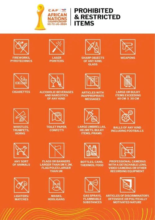 List of prohibited items during CHAN 2024 matches. PHOTO/https://www.facebook.com/100059230555703/posts/pfbid08m7f2w7tNTKDrpfjMMLTXjZQwwryNb4shmaKMr31hMTmPfFF7sWuJUTn6o6Mynwtl/?app=fbl