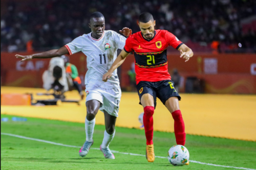 Boniface Muchiri (left) battles for the ball during the 1-1 draw with Angola on August 7, 2025. PHOTO/@Harambee_Stars/X