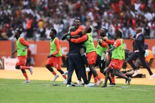 Harambee Star players celebrate their famous victory against Morocco on Sunday, August 10, 2025 at Kasarani Stadium. PHOTO/https://www.facebook.com/100063913291982/posts/pfbid02eqssY5JetNDwFoMuGu8khjv9Lib7CtnrNtscdttfEtk3FGSnJtAZ4sqjz6tbfGsl/?app=fbl