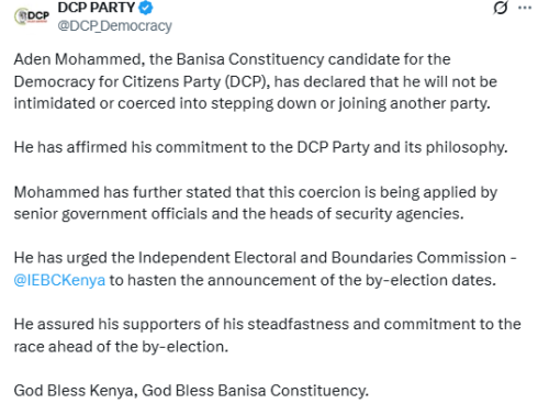 A screenshot of a statement by Aden Mohammed on defecting from DCP. PHOTO/@DCP_Democracy/X