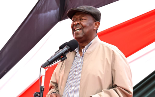 Prime Cabinet Secretary Musalia Mudavadi gestures during a meeting with the public in Malava constituency on Friday, August 15, 2025. PHOTO/@mugaa_eric/X