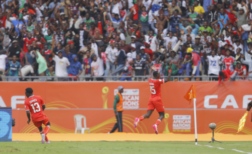 Ryan Ogam celebrates his goal against Morocco with fans at the Kasarani Stadium on August 10, 2025. PHOTO/@CAF_Online/X