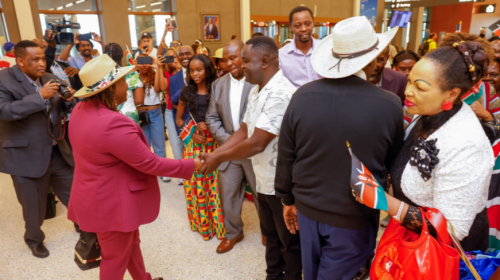 Pastor Dorcas Rigathi and Rigathi Gachagua (both in hats) interact with Kenyans in the diaspora after landing in Missouri on August 6, 2025. PHOTO/@rigathi/X