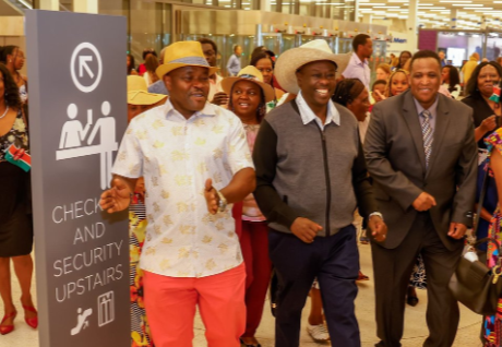 DCP leader Rigathi Gachagua (centre) lands at the Kansas City Airport in Missouri on August 6, 2025. PHOTO/@rigathi/X