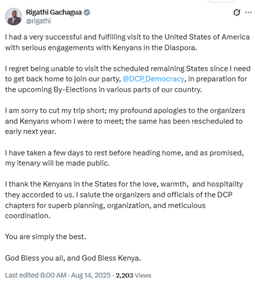 Rigathi Gachagua's statement on his trip back to Kenya. PHOTO/@rigathi/X