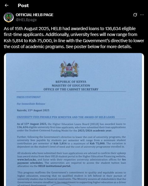 Part of the statement from HELB shared on Saturday August 16, 2025. PHOTO/Screengrab by PD Digital/@HELBpage/X