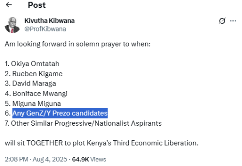 A screenshot of the statement by Kivutha Kibwana. PHOTO/@ProfKibwana/X