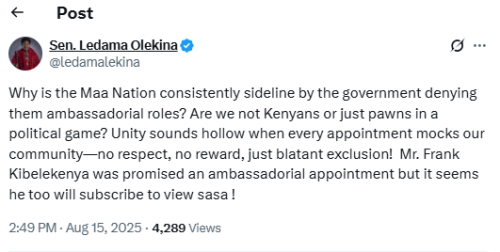 A screenshot of the statement by Senator Ledama Olekina on the nominees for ambassadorial positions. PHOTO/@ledamalekina/X