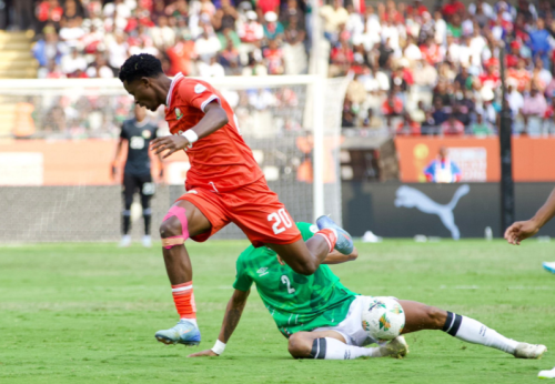 Harambee Stars defender Manzur Okwaro battles for the ball in Kenya's match against Madagascar at the Kasarani Stadium on August 22, 2025. PHOTO/@Husseinmoha/X