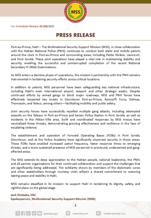 A statement by the MSSM in Haiti. PHOTO/@MSSMHaiti/X