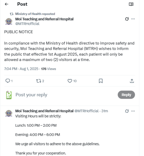 A screenshot of the statement by MTRH on the safety update at the facility. PHOTO/@MTRHofficial/X