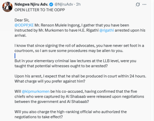 X screen gran of lawyer Ndegwa Njiru. PHOTO/X/ @NjiruAdv
