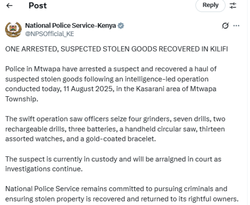 A screenshot of the statement by the National Police Service. PHOTO/@NPSOfficial_KE/X