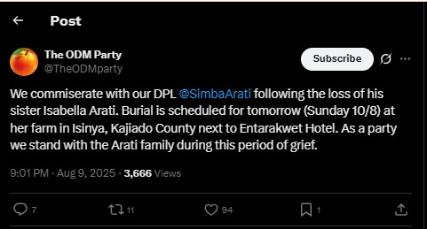 Part of the statement shared by ODM Party on Saturday, August 9, 2025. PHOTO/screengrab by PD Digital/@TheODMparty/X