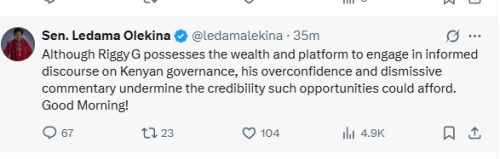 X screen shot of Senator Ledama Olekina.