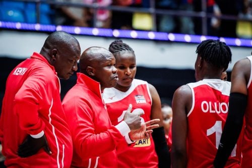 Malkia Strikers head coach Geoffrey Omondi issuing instructions to players at the past match. PHOTO/SJAK
