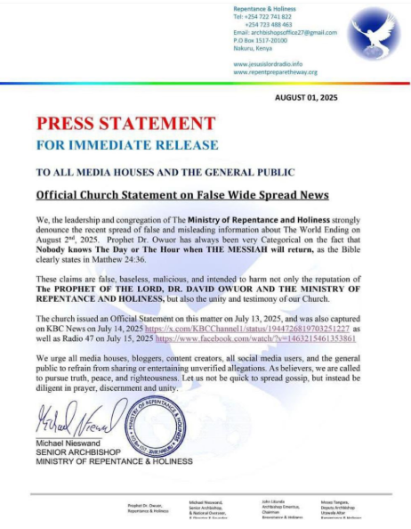 A statement by the Repentance and Holiness Church on the report of the world ending on August 2, 2025. PHOTO/https://web.facebook.com/jesusiscomingofficial