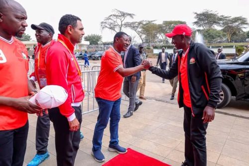 National Assembly Speaker Moses Wetangula welcomes President William Ruto at Kasarani Stadium for Harambee Stars match against DRC last Sunday, August 3, 2025. Photo/https://www.facebook.com/SpeakerMosesMasikaWetangula