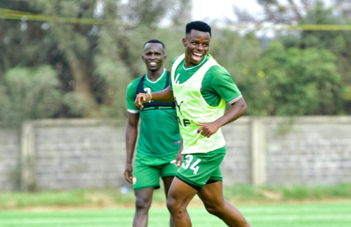 Harambee Stars winger Ben Stanley Omondi shares a light moment during a past training session. PHOTO/@Harambee_Stars/X