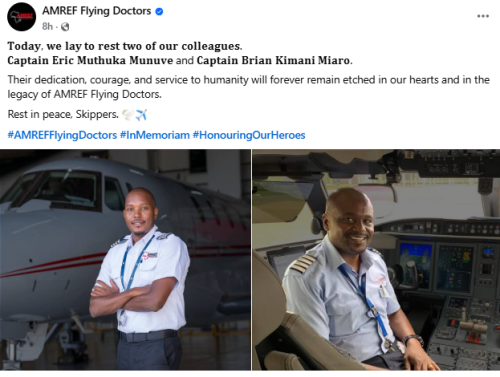 A screenshot of the statement by AMREF Flying Doctors on the burial of their pilots. PHOTO/https://web.facebook.com/amrefflydoc