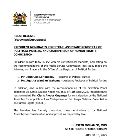 A statement on the nomination of the registrar of political parties. PHOTO/@HusseinMohamedg/X