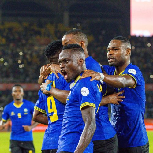 Taifa Stars embrace after their win against Burkina Faso in CHAN opener on Saturday, August 2, 2025. PHOTO/@Tanfootball/X