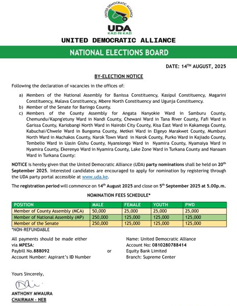 A statement by the UDA party on the upcoming nominations. PHOTO/@UDAKenya/X