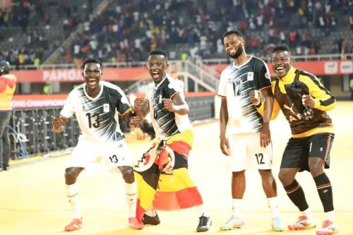 Uganda Cranes players celebrate their victory against South Africa on Monday, August 18, 2025 at the Mandela National Stadium. PHOTO/https://www.facebook.com/100064372465291/posts/pfbid02M8xoBVSmGAUmKLaMpd3wrBv7MLKgGZ6z1V8kfLnAoznUCLLputymkQHW1nGaLsV9l/?app=fbl