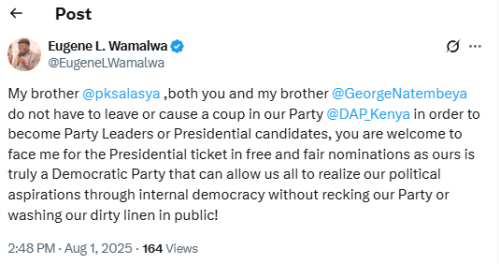 DAP-K leader Eugene Wamalwa's statement on the divisions within the party. PHOTO/@EugeneLWamalwa/X