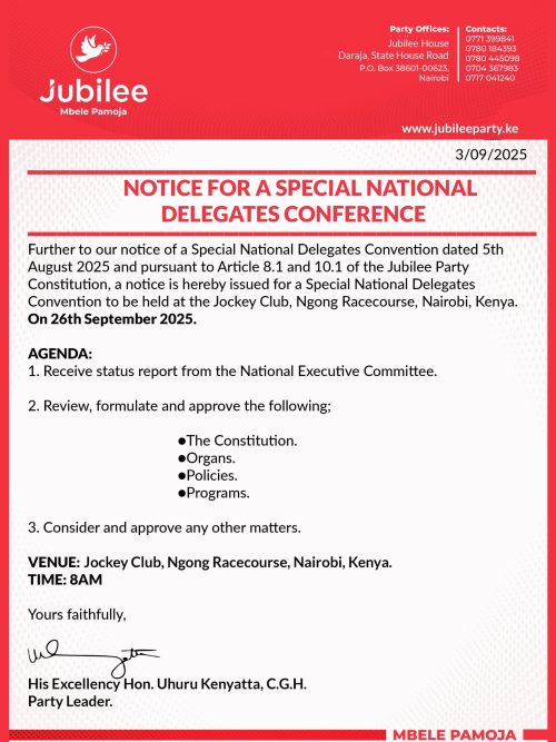 A statement by the Jubilee Party leader, Uhuru Kenyatta, on the upcoming National Delegates Conference. PHOTO/https://web.facebook.com/TheJubileeParty