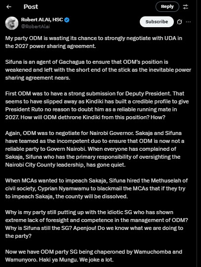 Part of the statement shared by Robert Alai on Saturday September 13, 2025. PHOTO/ Screengrab by PD Digital/@RobertAlai/X