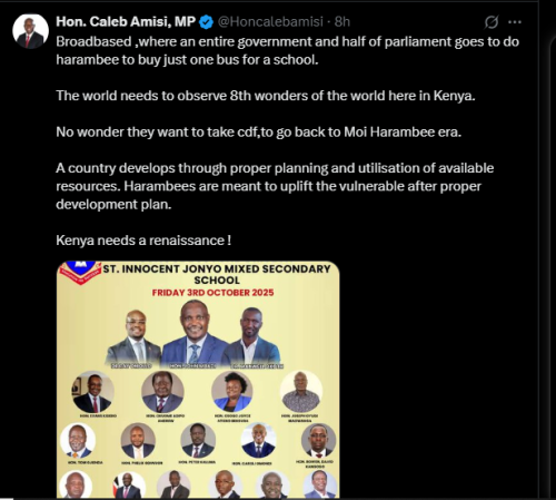 A post shared by Saboti MP Caleb Amisi on Sunday, September 21, 2025, on X. PHOTO/Screengrab by PD Digital from @Honcalebamisi