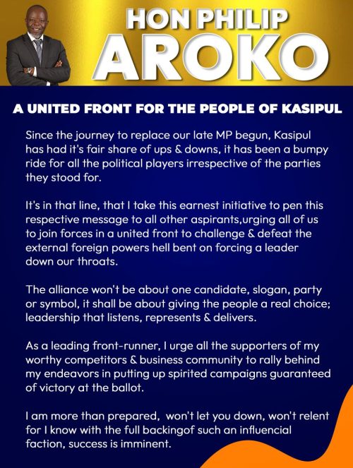 A statement by Aroko urging ODM aspirants to rally behind him. PHOTO//https://web.facebook.com/photo/?fbid=122228074490101557&set=a.122112656294101557