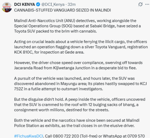 X statement of DCI confirming the seizure of Toyota SUV stuffed with cannabis in Malindi on Wednesday, September 23, 2025. PHOTO/ Screen grab by People Daily Digital/@NPSOfficial/X