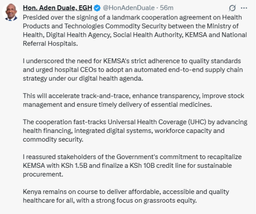 Health CS Aden Duale Presided over the signing of a landmark cooperation agreement on Health Products and Technologies Commodity Security between the Ministry of Health, Digital Health Agency, Social Health Authority, KEMSA and National Referral Hospitals.